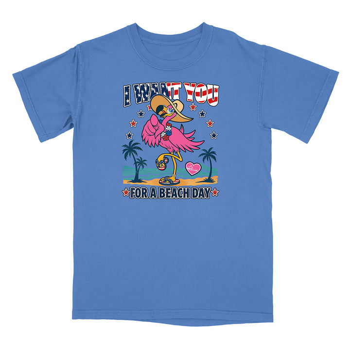Blue t-shirt with a colorful graphic of a flamingo and text on a white background