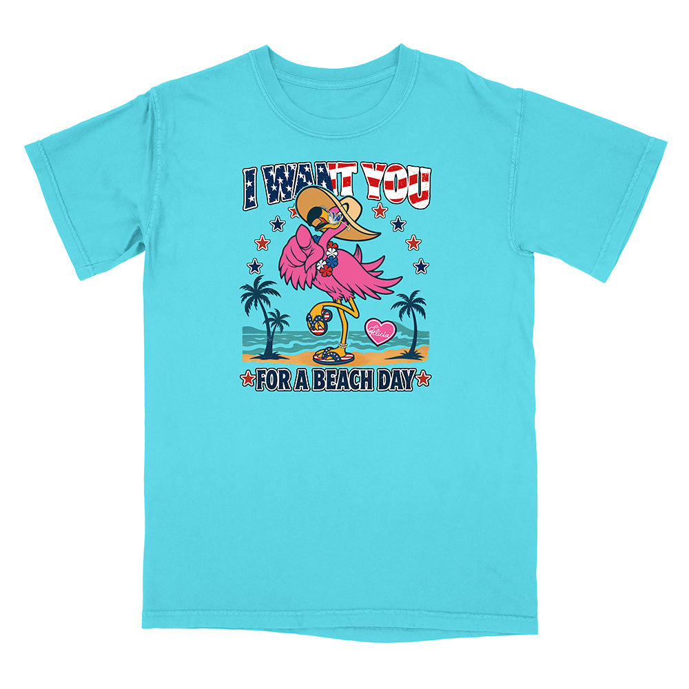 Light blue t-shirt with a cartoon flamingo design and text on a white background