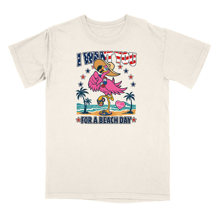 Beige t-shirt with a colorful graphic of a flamingo and text on a white background