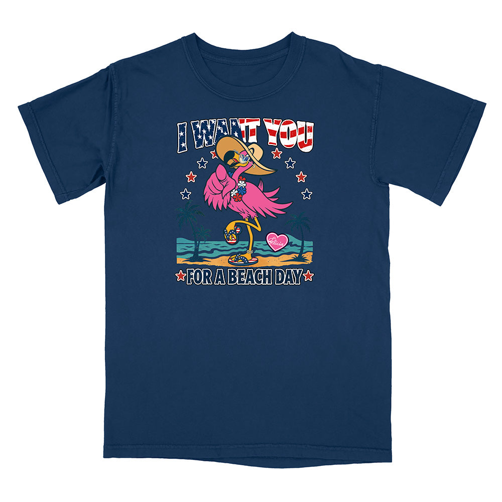 Navy blue t-shirt with a colorful graphic of a flamingo and text on a white background