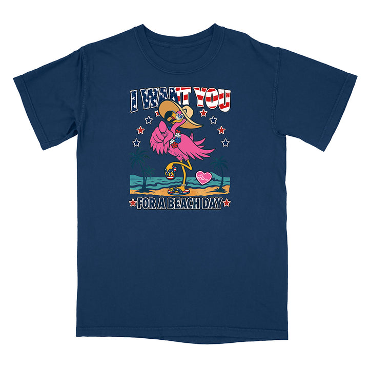 Navy blue t-shirt with a colorful graphic of a flamingo and text on a white background