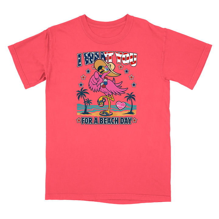 Red t-shirt with a colorful graphic design featuring a flamingo and text on a white background