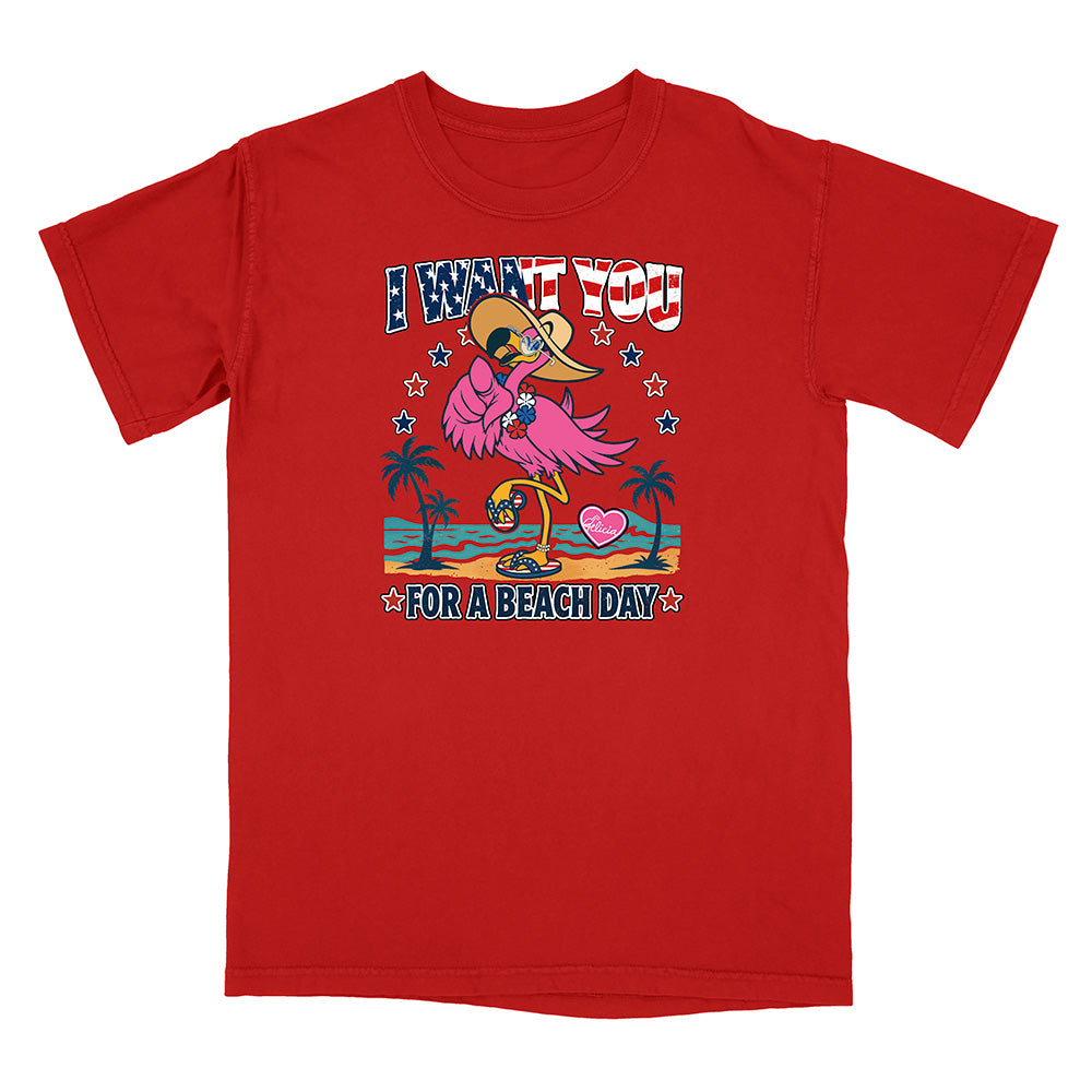Red t-shirt with a tropical graphic design on a white background
