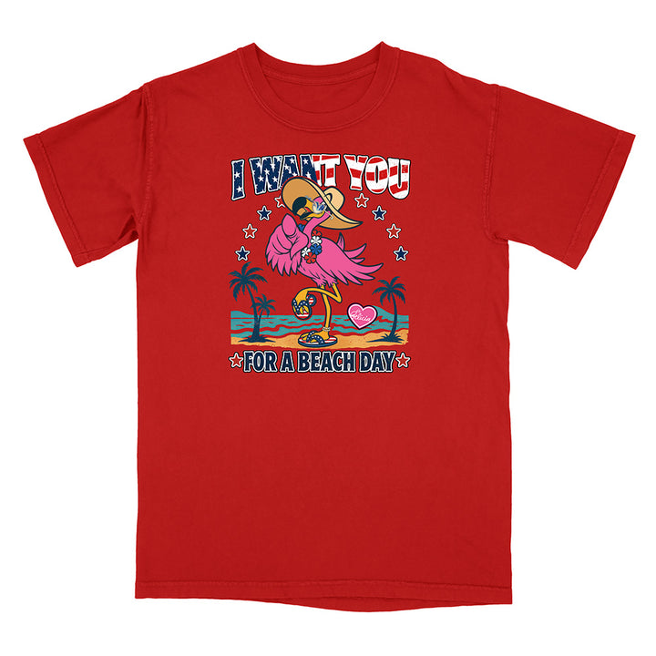Red t-shirt with a tropical graphic design on a white background