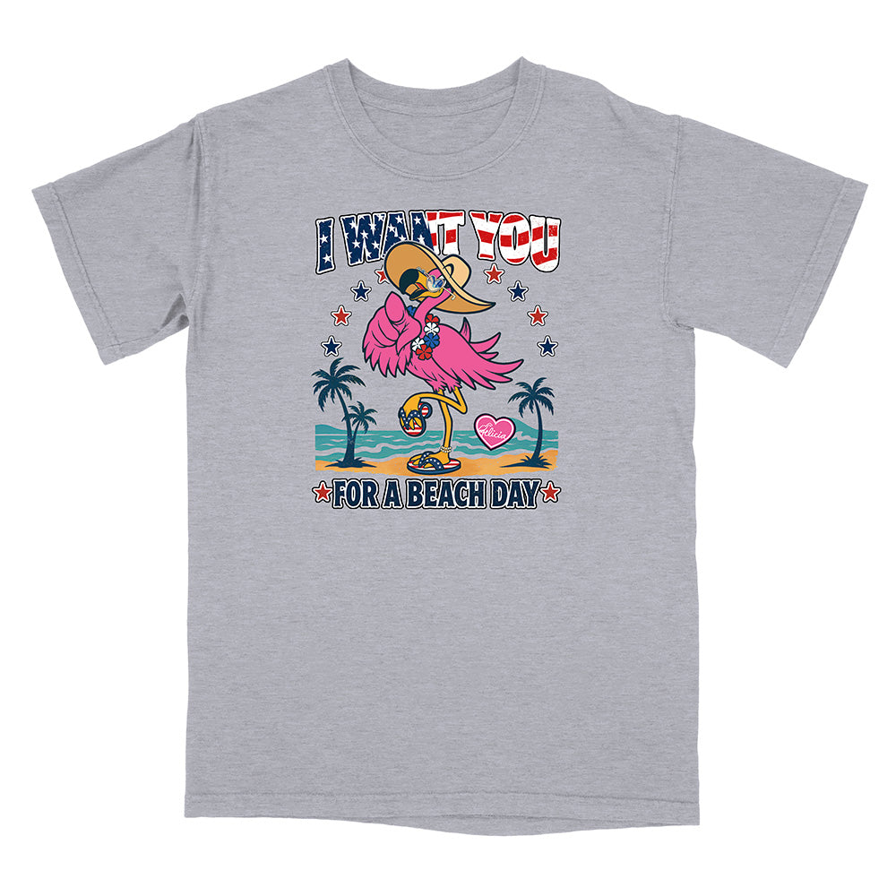 Gray t-shirt with a flamingo graphic and text on a white background