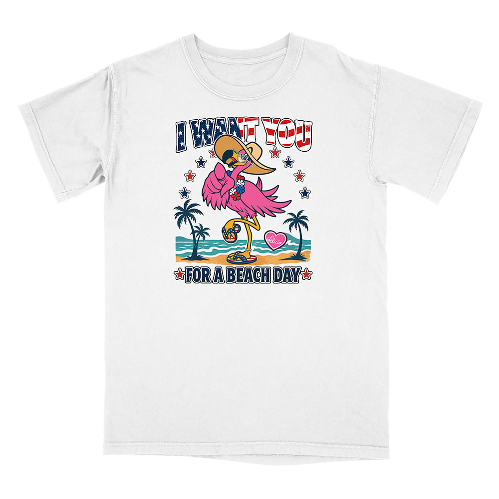White t-shirt with a colorful graphic of a flamingo and text on a white background