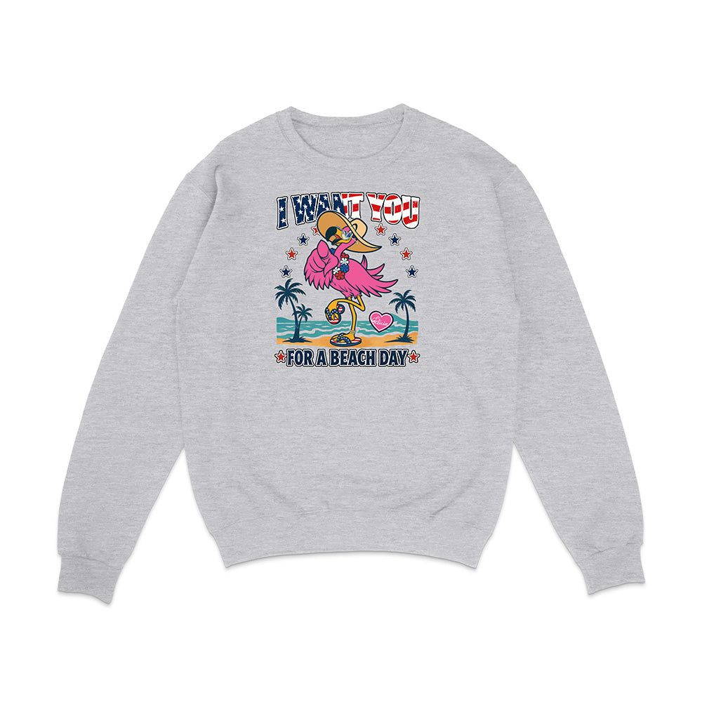 Gray sweatshirt with a colorful graphic of a flamingo and text on a white background