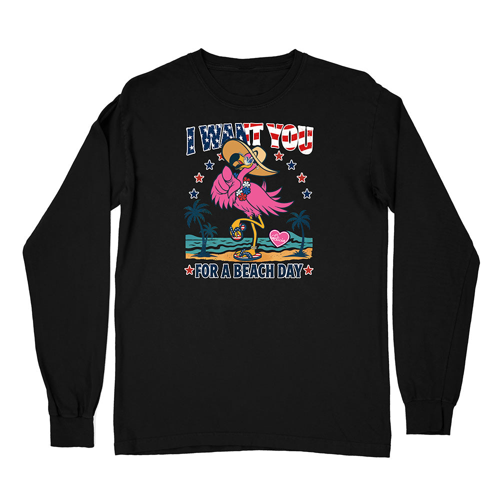 Black long-sleeve shirt with a colorful flamingo graphic and text on a white background