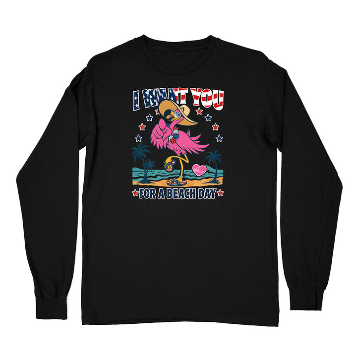 Black long-sleeve shirt with a colorful flamingo graphic and text on a white background