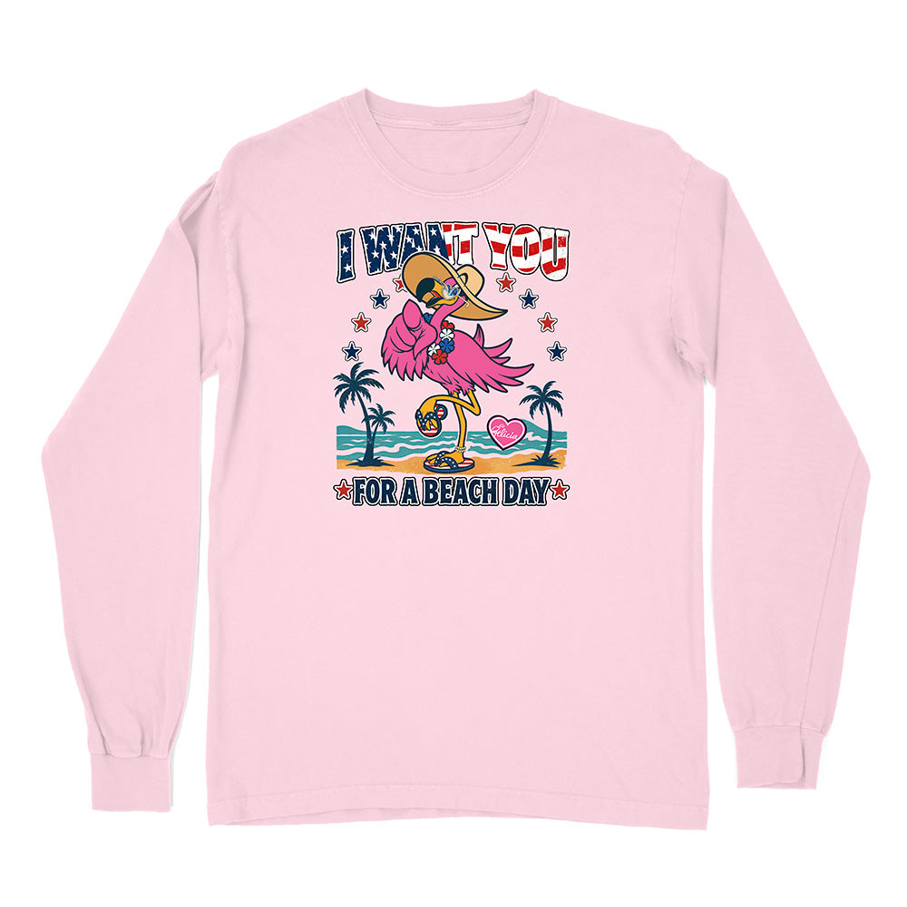 Pink long-sleeve shirt with a flamingo graphic and text on a white background