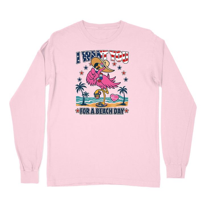 Pink long-sleeve shirt with a flamingo graphic and text on a white background