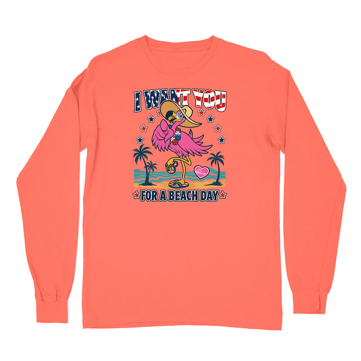 Coral long-sleeve shirt with a flamingo graphic and text on a white background