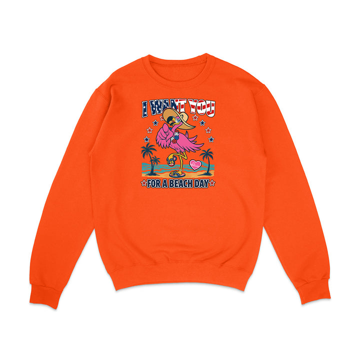 Orange sweatshirt with a graphic design of a flamingo and text on a white background