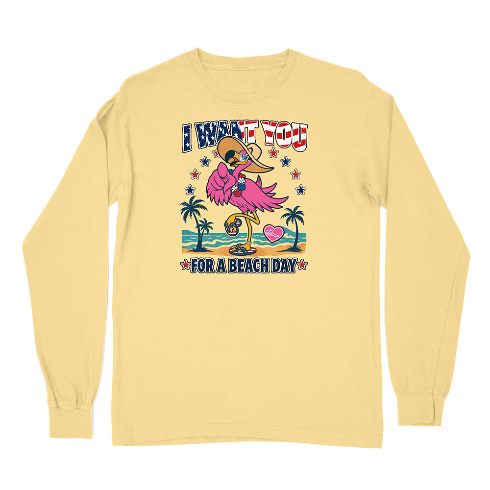 Yellow long-sleeve shirt with a flamingo graphic and text on a white background