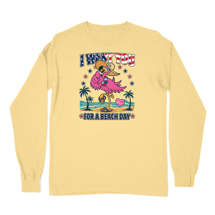Yellow long-sleeve shirt with a flamingo graphic and text on a white background