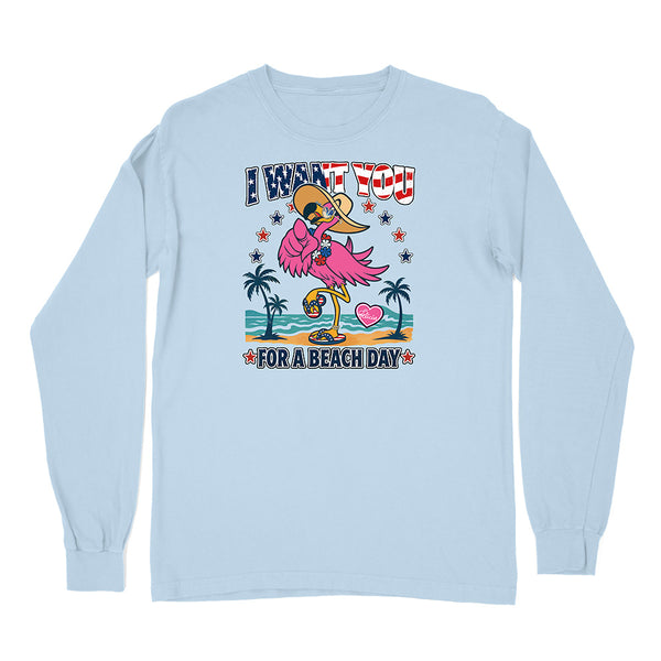 Light blue long-sleeve shirt with a flamingo graphic and text on a white background