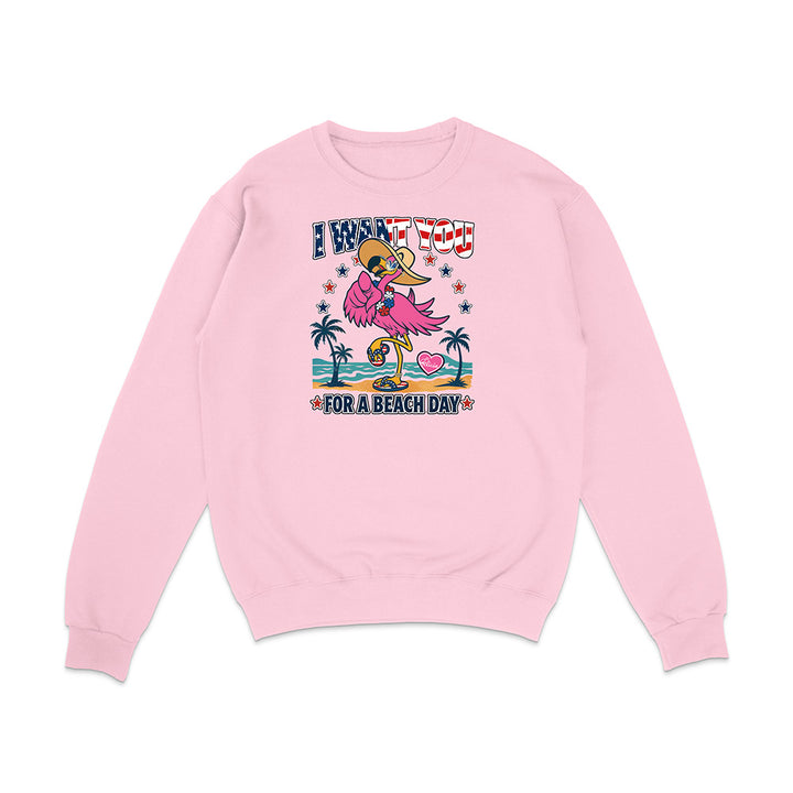 Pink sweatshirt with a flamingo graphic and text on a white background