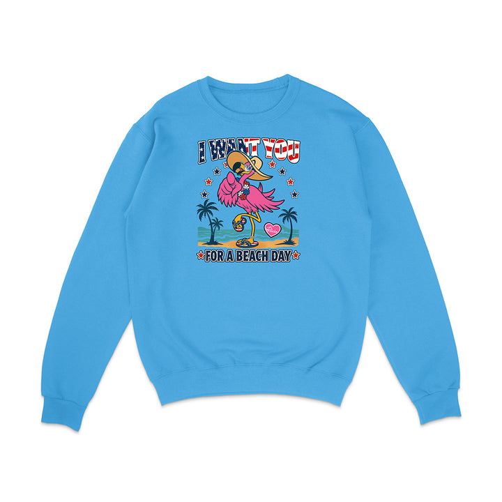 Blue sweatshirt with a flamingo graphic and text on a white background