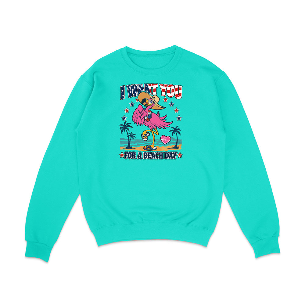 Turquoise sweatshirt with a flamingo graphic and text on a white background