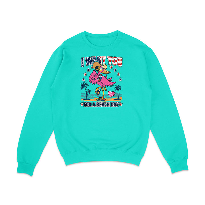 Turquoise sweatshirt with a flamingo graphic and text on a white background