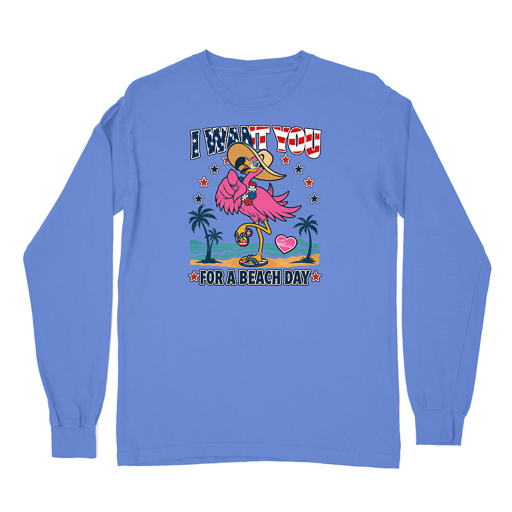 Blue long-sleeve shirt with a flamingo graphic and text on a white background