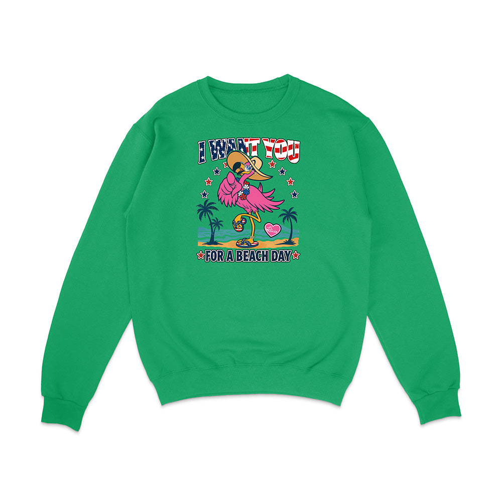Green sweatshirt with a colorful graphic and text on a white background