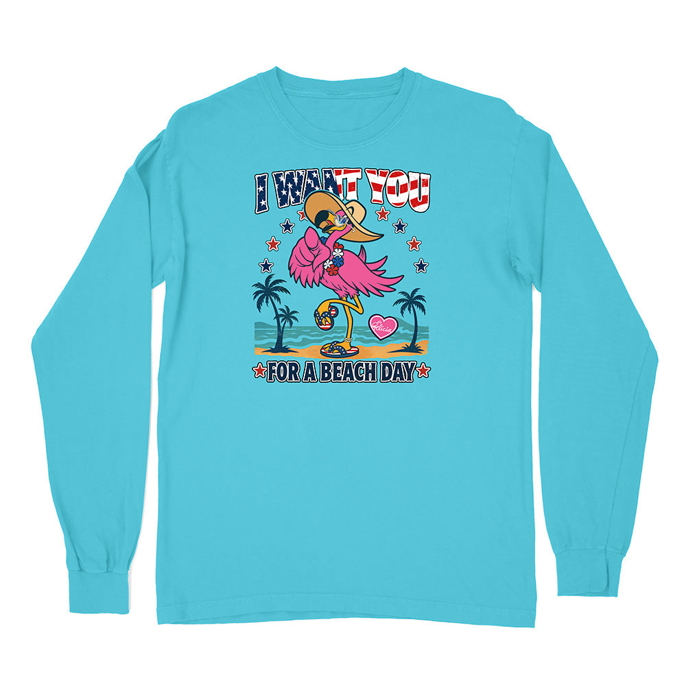Blue long-sleeve shirt with a cartoon flamingo design and text on a white background