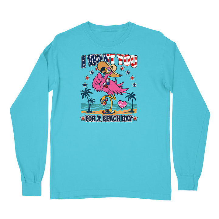 Blue long-sleeve shirt with a cartoon flamingo design and text on a white background