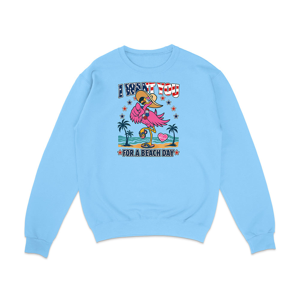 Light blue sweatshirt with a colorful graphic of a flamingo and text on a white background