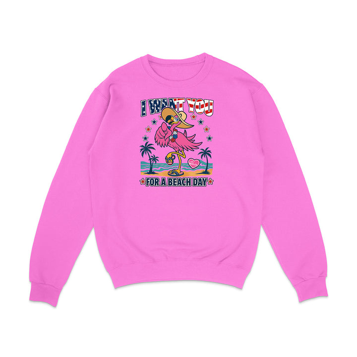 Pink sweatshirt with a flamingo graphic and text on a white background