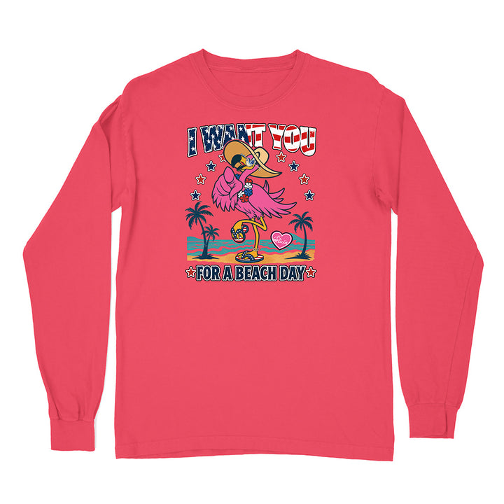 Red long-sleeve shirt with a tropical graphic and text on a white background