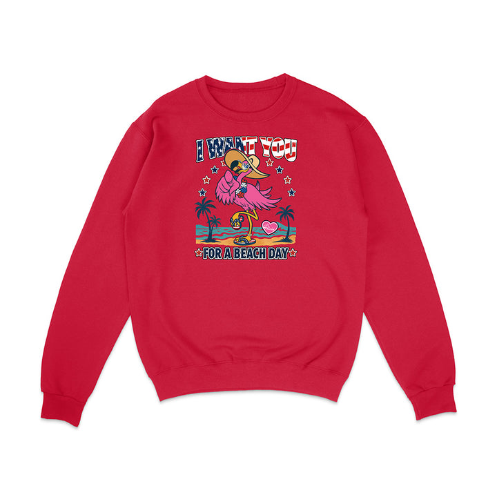 Red sweatshirt with a colorful graphic of a flamingo and beach text on a white background