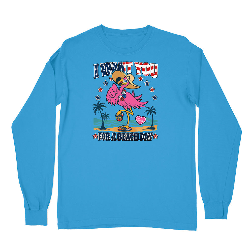 Blue long-sleeve shirt with a cartoon flamingo design and text on a white background