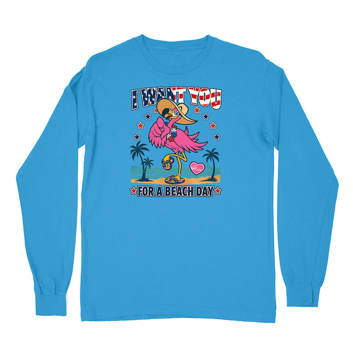 Blue long-sleeve shirt with a cartoon flamingo design and text on a white background