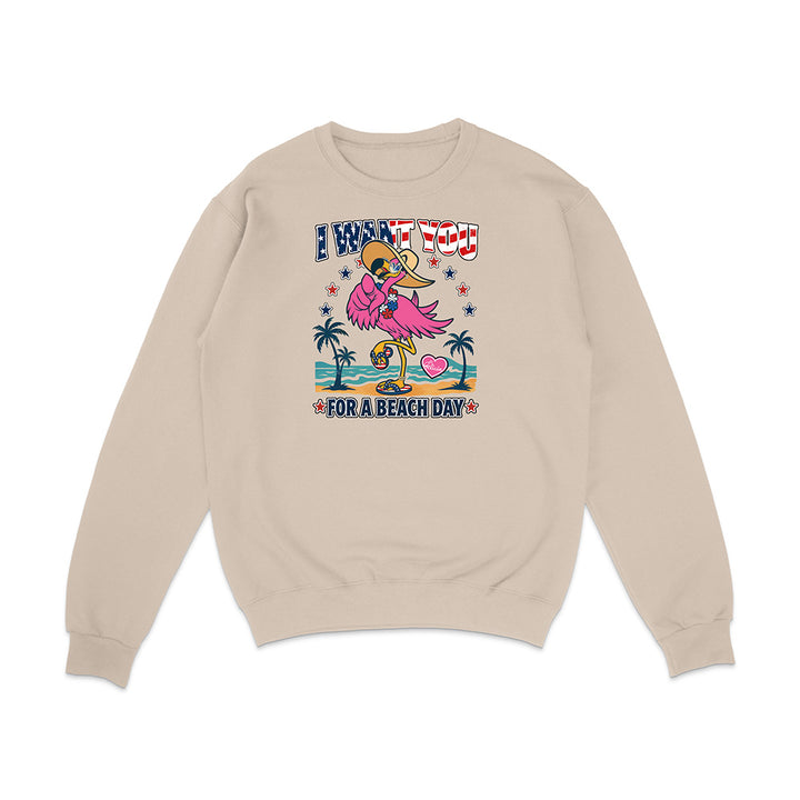 Beige sweatshirt with a flamingo graphic and text on a white background