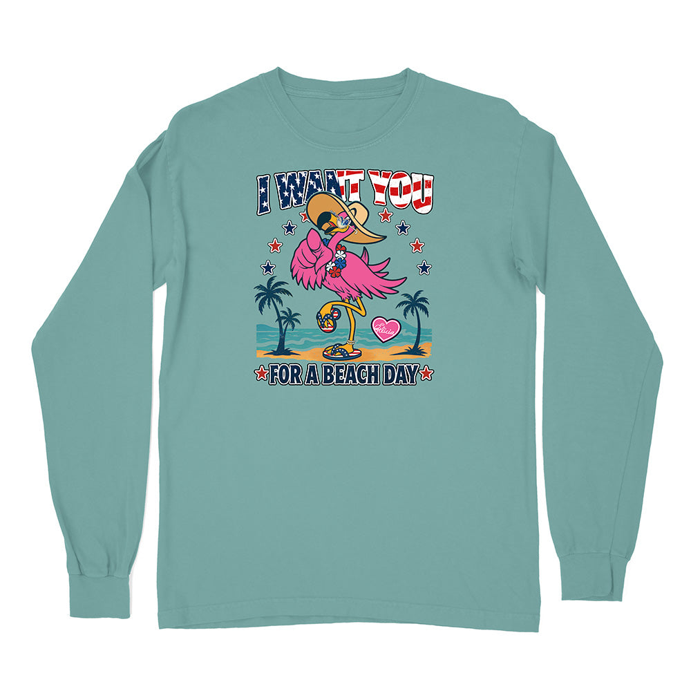 Teal long-sleeve shirt with a colorful graphic and text on a white background