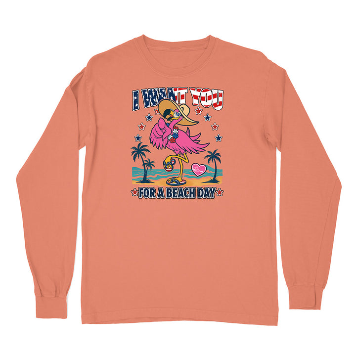Peach long-sleeve shirt with a tropical graphic design on a white background