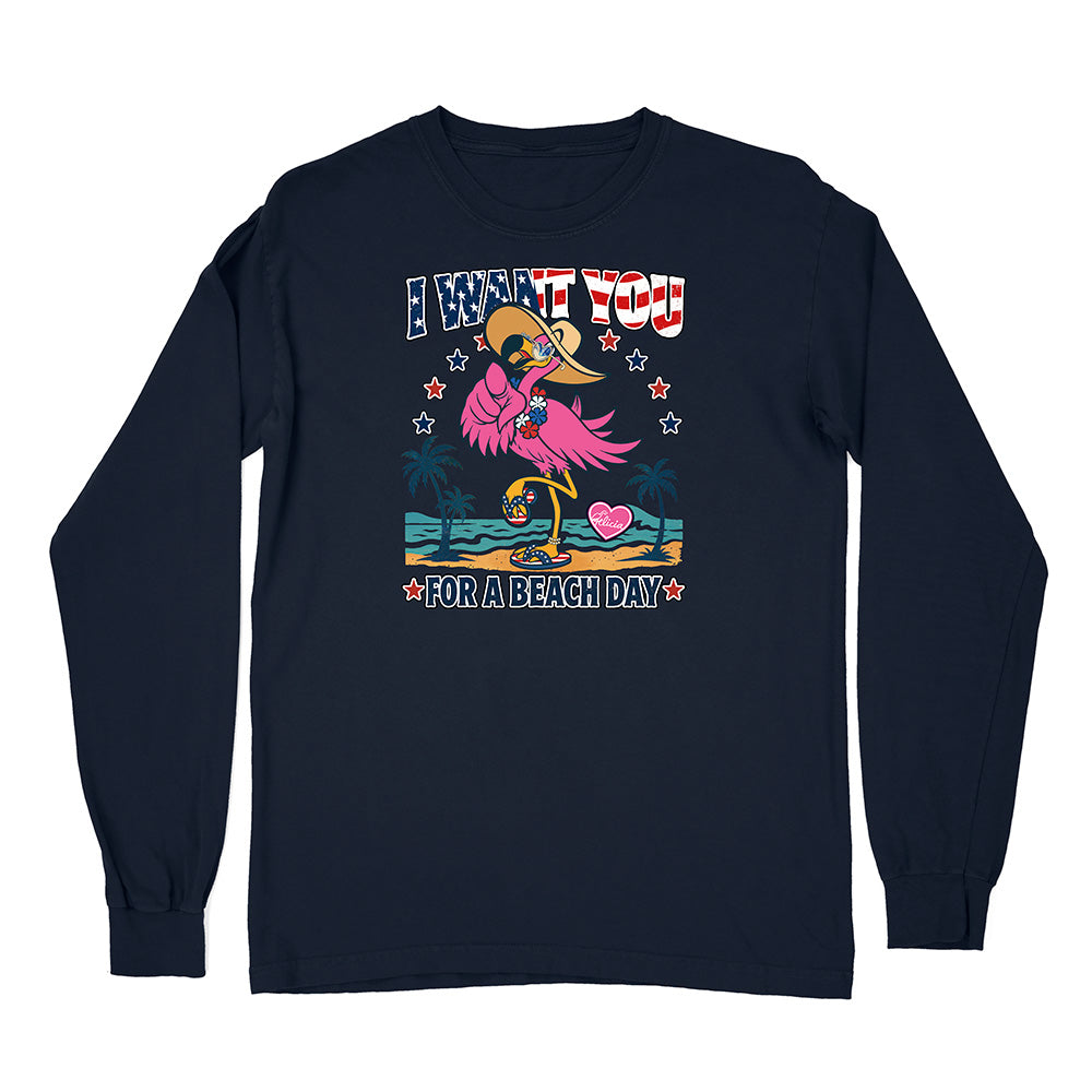 Navy blue long-sleeve shirt with a flamingo graphic and text on a white background