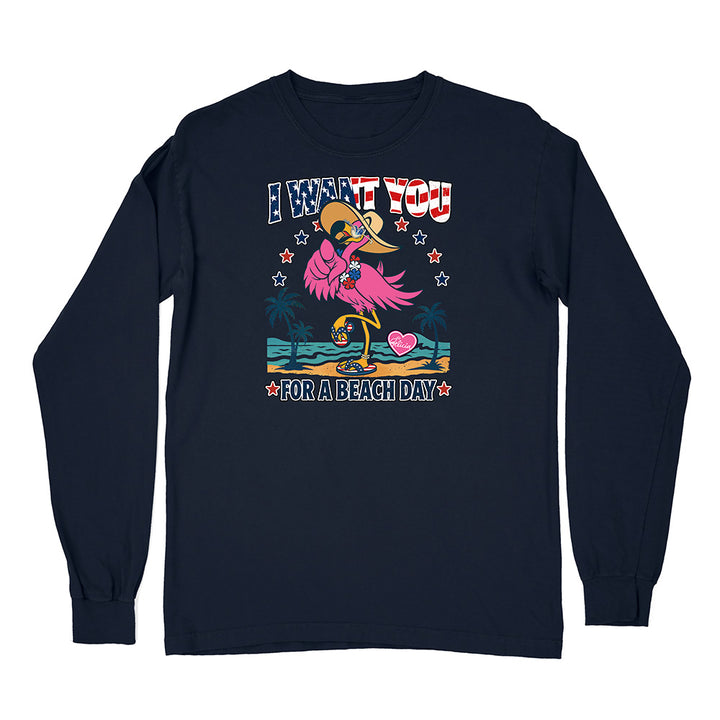 Navy blue long-sleeve shirt with a flamingo graphic and text on a white background