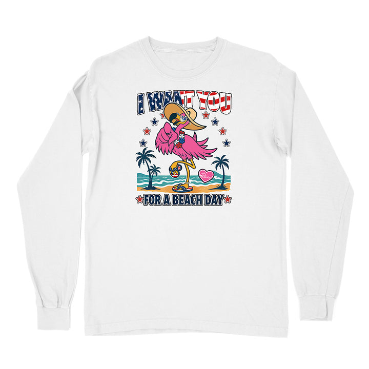 White long-sleeve shirt with a flamingo graphic and text on a white background