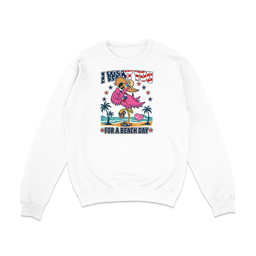 White sweatshirt with a colorful graphic design on a white background