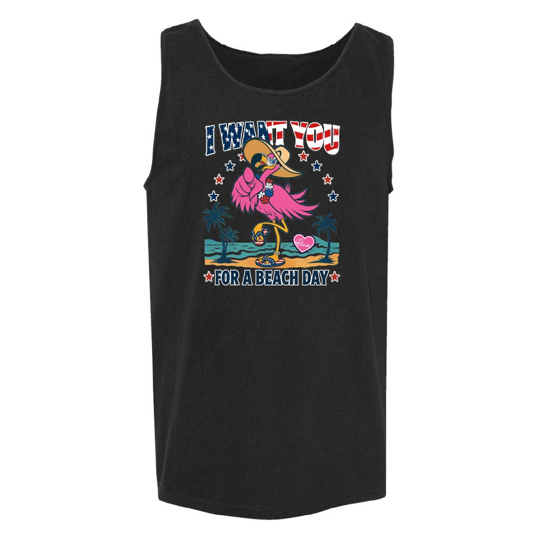 Black tank top with a colorful graphic design on a white background