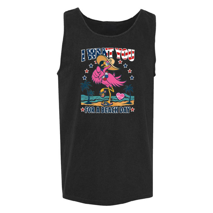 Black tank top with a colorful graphic design on a white background