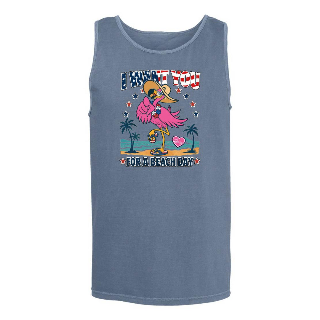 Blue tank top with a flamingo graphic and text on a white background