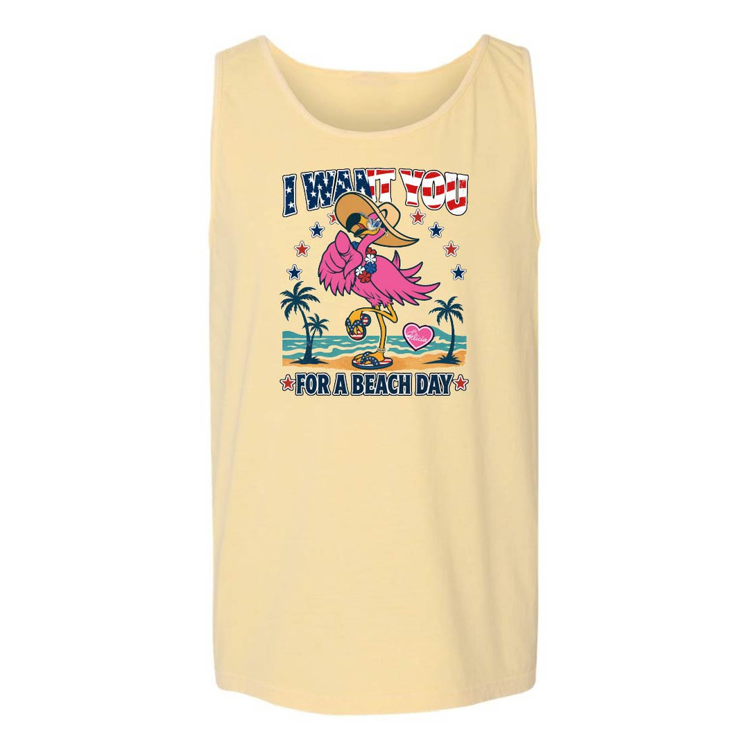 Butter tank top with a flamingo graphic and text on a white background