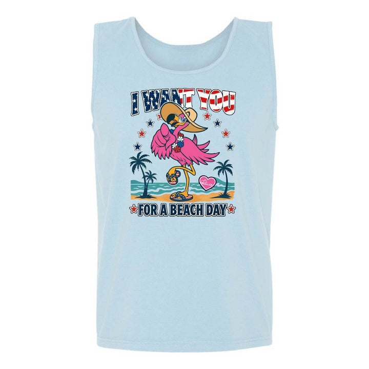 Light blue tank top with a flamingo graphic and text on a white background