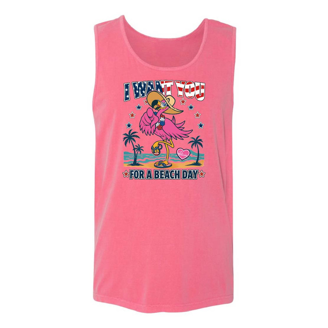 Pink tank top with a flamingo graphic and text on a white background