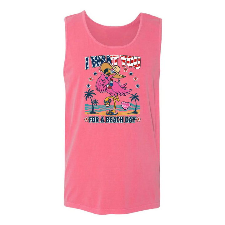 Pink tank top with a flamingo graphic and text on a white background