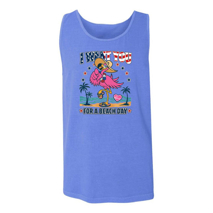 Blue tank top with a flamingo graphic and text on a white background
