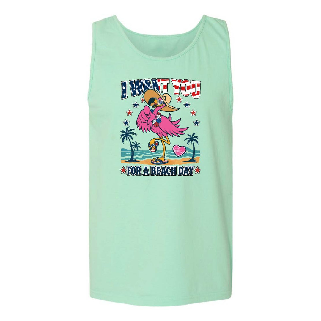 Mint green tank top with a flamingo graphic and text on a white background